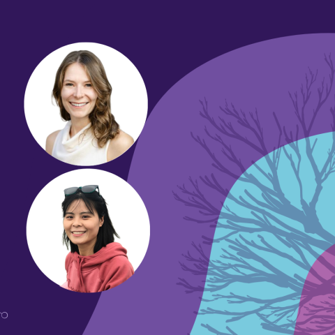 Banner image featuring two circle headshots against a purple and blue background design.