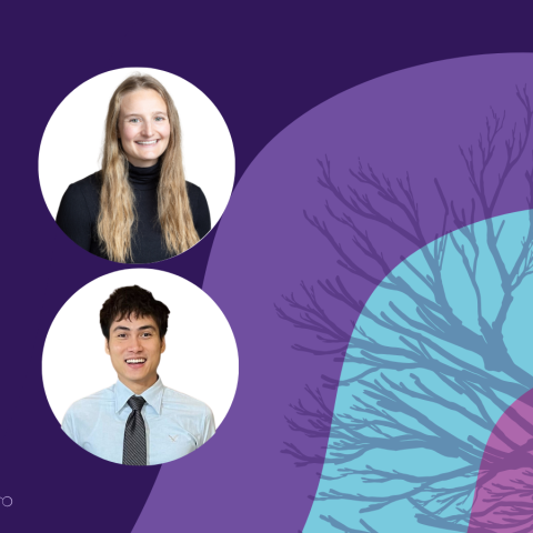 Banner image featuring two circle headshots against a purple and blue background design.