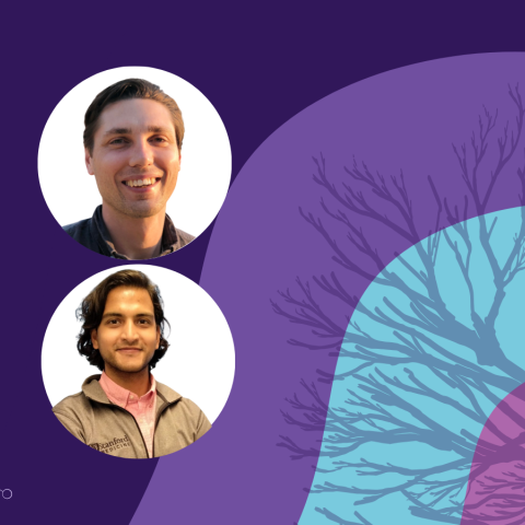 Banner image featuring two circle headshots against a purple and blue background design.