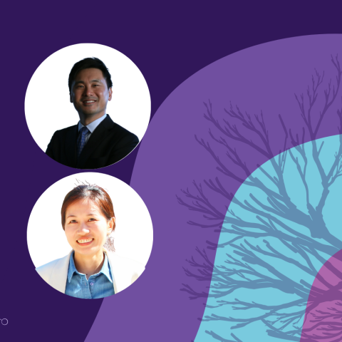 Banner image featuring two circle headshots against a purple and blue background design.