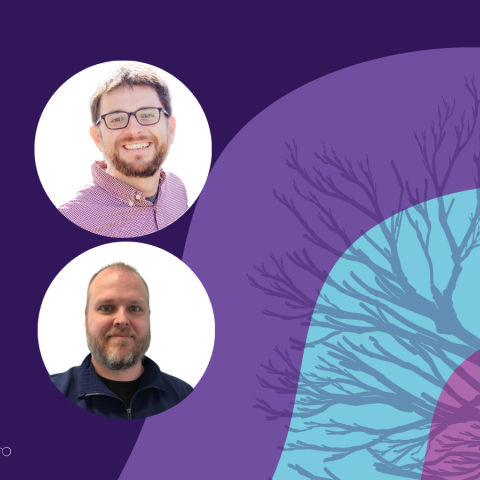 Banner image featuring two circle headshots against a purple and blue background design.