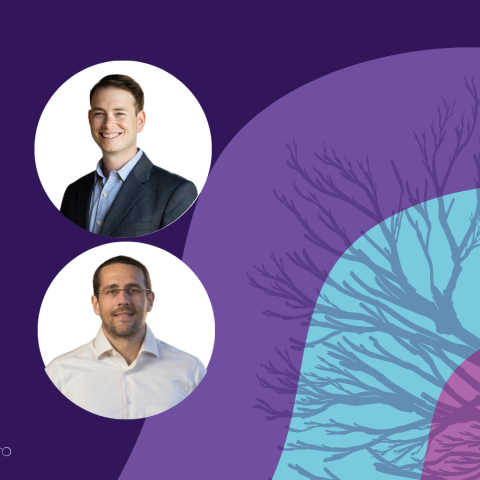 Banner image featuring two circle headshots against a purple and blue background design