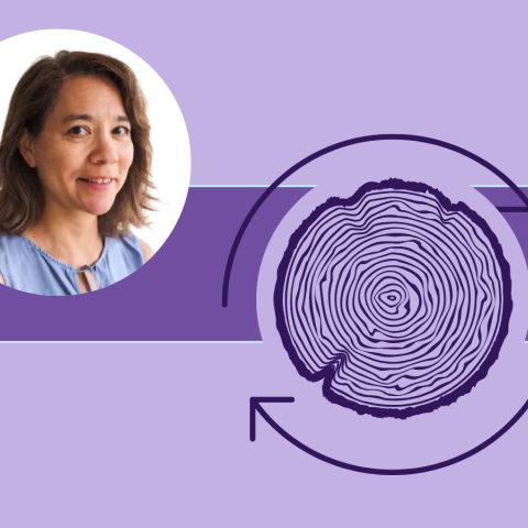Banner image featuring one circle headshot against a purple background design