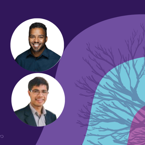 Banner image featuring two circle headshots against a purple and blue background design