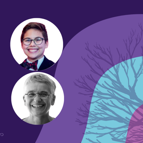 Banner image featuring two circle headshots against a purple and blue background design