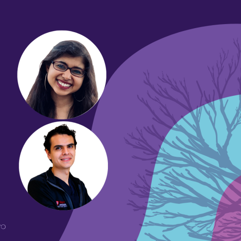 Banner image featuring two circle headshots against a purple and blue background design