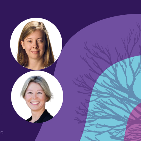 Banner image featuring two circle headshots against a purple background design