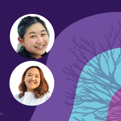 Banner image featuring two circle headshots against a purple background design