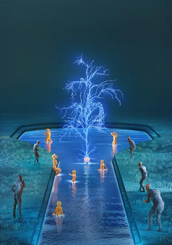 Illustration of people being rejuvenated in a fountain of youth that is shaped like a neuron