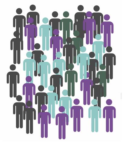 Several dozen simple figures of people in gray, blue, and purple.