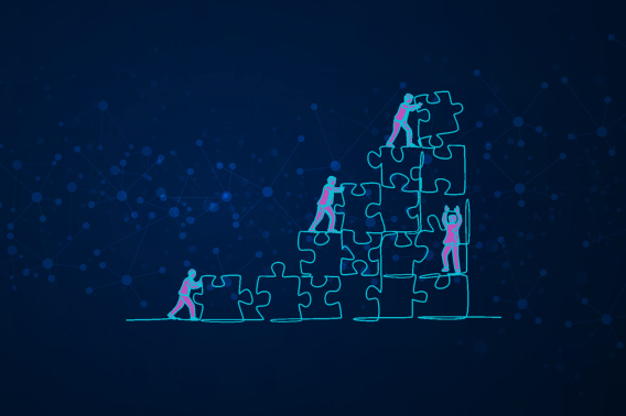 Graphic design of people working together to build a staircase out of puzzle pieces