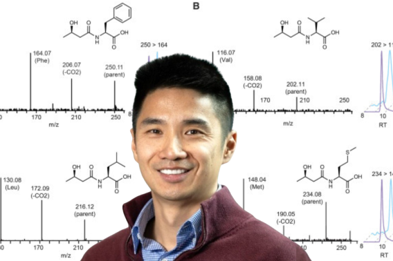 Jonathan Z. Long headshot. Background is a screenshot of a figure from the publication showcasing, "Detection and ketosis inducibility of BHB-amino acids in mouse plasma" figures A, B, C, and D.jpg