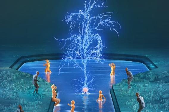Illustration of people being rejuvenated in a fountain of youth that is shaped like a neuron
