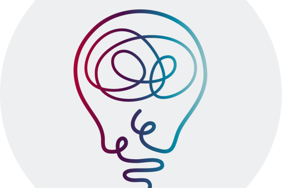 A stylized gradient line-art lightbulb, drawn with swirling magenta-to-teal strokes, centered inside a light gray circular background.