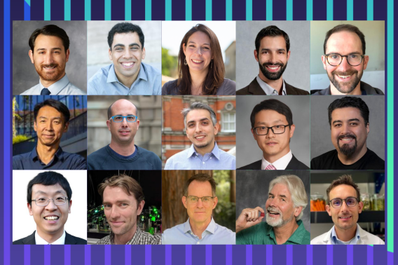 An array of fifteen portraits on a green and purple striped background.